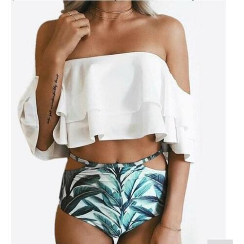 Retro Bikinis Women Swimwear High Waist Halter Sexy Summer Beachwear Set Ruffle Print Leaves Swimsuit Vintage Bandeau Two-Piece
