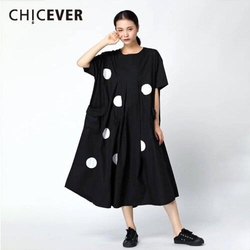 CHICEVER Spring Dot Print Women Dress O Neck Short Sleeve Patchwork Pockets Loose Oversize Female Dresses 2020 Fashion New