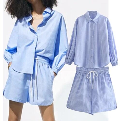 Jenny&Dave Women Beumuda Two Piece Sets England Fashion Ins Blogger Casual Striped Loose Blouse Women Blusas Women Tops Shorts