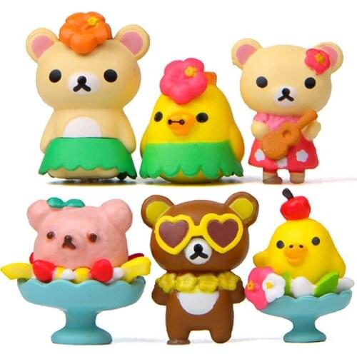 6Pcs/Set Summer Edition Rilakkuma Cartoon Bear Action Toy Figures Micro Landscape Gardening Decoraiton