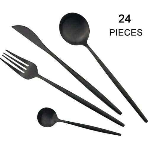Black Matte Cutlery Set 304 Stainless Steel 24pcs Dinnerware Set Knife Fork Spoon Dinner Set Kitchen Flatware Tableware Set