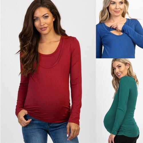 2021 Autumn Long Sleeve Maternity T-shirt Round Neck Nursing Clothes Pure color Casual T-shirt Pregnant Tops T0801