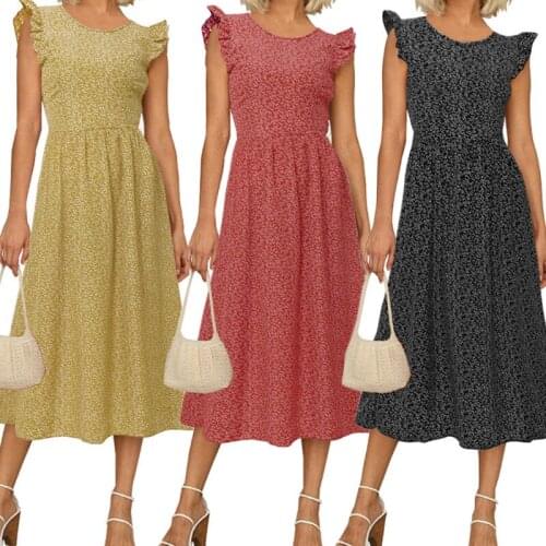 Womens Dress, Retro Princess Midi, Round Neck Ruffle Sleeve Polka Dot Printed Summer 2021 Casual Party Clothes Daily Wear