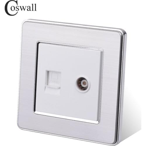 COSWALL RJ45 Internet Data Computer Jack CAT5E Connector With Female TV Outlet Stainless Steel Brushed Panel Wall Socket