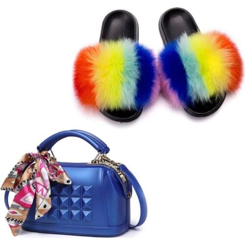 Ladies Real Fox Fur Slides Colorful Jelly Shoulder Bag Shoes Sets Women Cute Fluffy Furry Slippers Crossbody Purse Fur Flip Flop