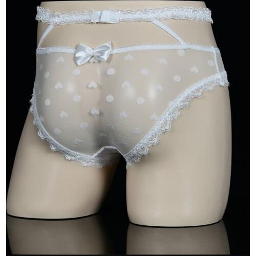 Men’s Tranasparent Lace G String Sissy Bow Lace Thong Erotic Lingerie Gay Man Sexy See Through Underwear Man Ball Pouch Brief