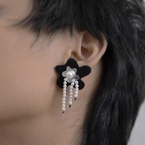 TIMEONLY Temperament Black Color Velvet Starfish Dangle Earring Simulated Pearl Tassel Earrings for Women Lady Charm Jewellery