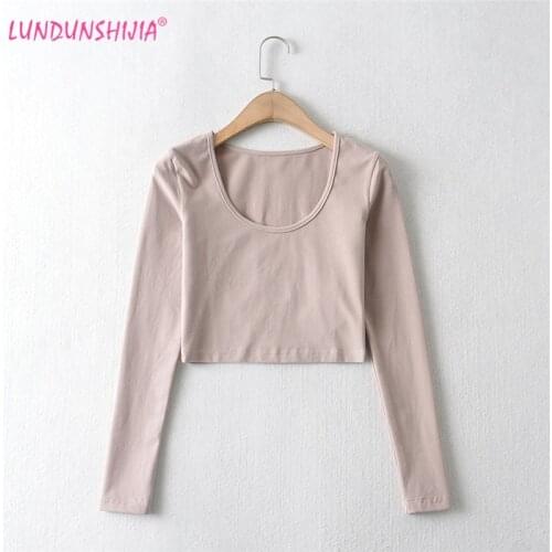 LUNDUNSHIJIA 2021 New Spring Summer Crop Tops For Women Sexy Female O-neck Long-Sleeve Solid Good Quality 100%Cotton T-shirt