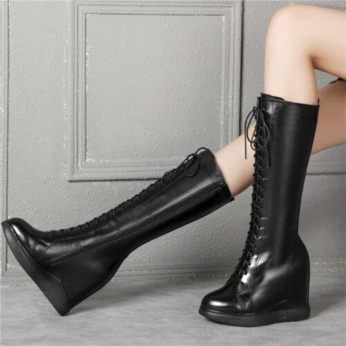 Thigh High Pumps Shoes Women Lace Up Cow Leather High Heel Mid Calf Motorcyle Boots Female High Top Round Toe Fashion Sneakers