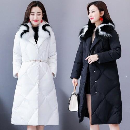 High Quality Women White Duck Down Jacket Fox Fur Collar Down Coats Slim Adjustable Waist Hooded Warm Thicken Long Down Parkas