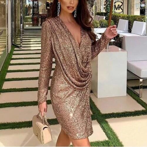 Yesexy 2021 Sexy V Neck Long Sleeve Sequin Dresses for Women Solid Color Elegant Mini Dress Split Party Bodycon Dress VR19889