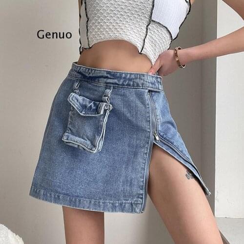 Vintage Blue Zipper A-Line Mini Skirt with Pockets 2021 Summer High Waist Women Denim Skirts Streetwear Short Jupe Jean Femme