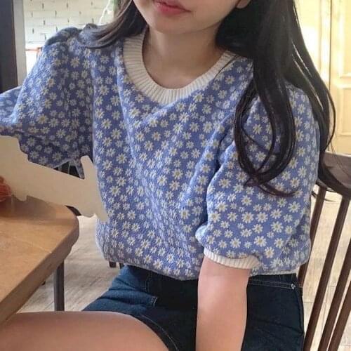 Puff Sleeve Summer Short Sleeve Round Neck T-Shirt Womens Knitwear Korea Harajuku Gentle and Casual Little Daisy Floral Short