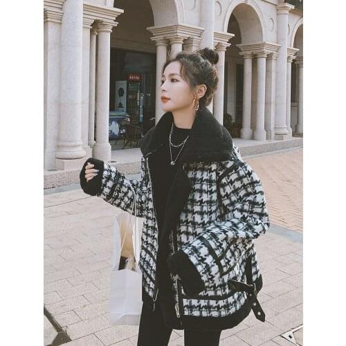 Women 2021 Autumn Winter Vintage Plaid Faux Fur Coat Female Oversized Casual Jacket Ladies Outerwear Thick Warm Overcoat C403