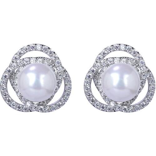 2016 Hot sale Silver Color AAA CZ Crystal Paved With Small Cute Round Imitation Real Pearl Stud Earrings for Women GLE4622