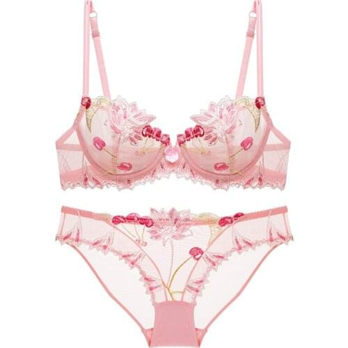 Womens charming embroidered perspective bra set ultra thin see throughsexy lace bra+high stretch panties CYHWR
