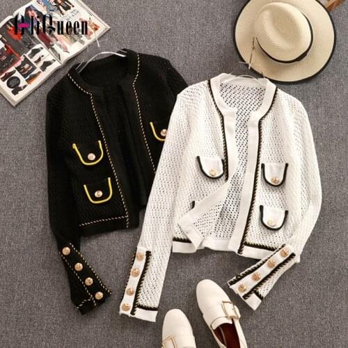 2021 Autumn Fashion Hollow Out Weave Cardigan Top Knit Sweater Women Winter Long Sleeve Golden Button Thin Outerwear Coat Jacket