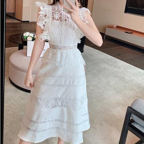 2021 Summer Embroidery Solid High Waist Spring thin Boho White sleeveless Elegant Lace Dresses Women Luxury midi woman dress