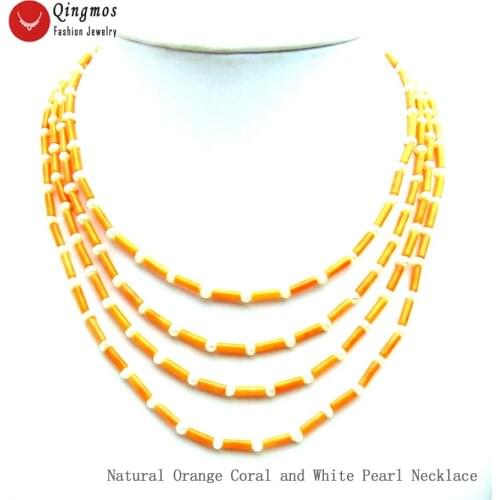 Qingmos Thick Slice 3*9mm Natural Orange Coral Necklace for Women with 4-5mm White Pearl Necklace Jewelry 4 Strand Chokers 17