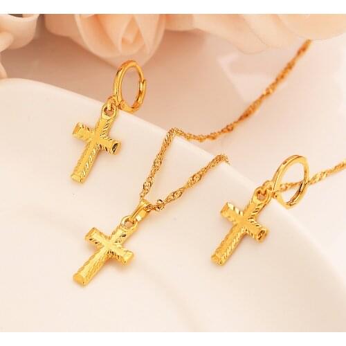 Gold small cross Pendant Necklace chain Earrings sets Jewelry Gold Christian jewelry sets for women girl Best Jesus bridalGifts