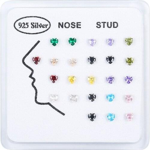 24pcs Dainty 925 sterling silver love heart rainbow clear cz Cubic zircon nose studs ring for women ear bone Minimalist Jewelry