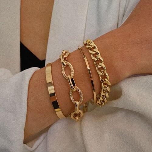 4Pcs/Set 2020 Fashion Smooth C-Shaped Mixed Hip Hop Twist Chain Bracelet With Simple Thread Exaggerated O Chain Set Bracelet