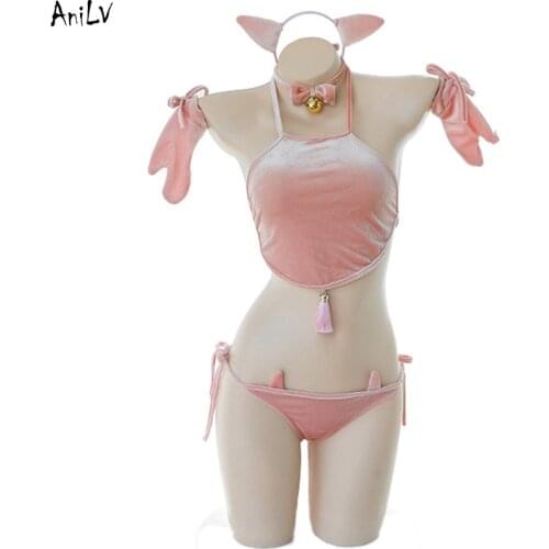 AniLV Cute Girls Pink Little Pig Swimsuit Uniform Costume Bell Tassel Backless Swimwear Pool Party Cosplay Clothes