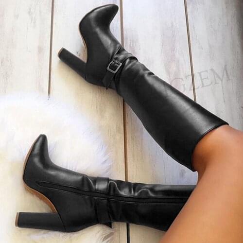 BERZIMER Women Knee High Heels Boots Chunky Block Heels Side Zip Boots Tall Ladies Faux Leather Shoes Woman Large Size 45 46 47