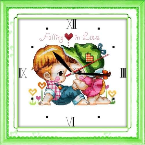 Cute cartoon little couple boy girl handmade needlework embroidery watch cross stitch kits handicraft bedroom decoration