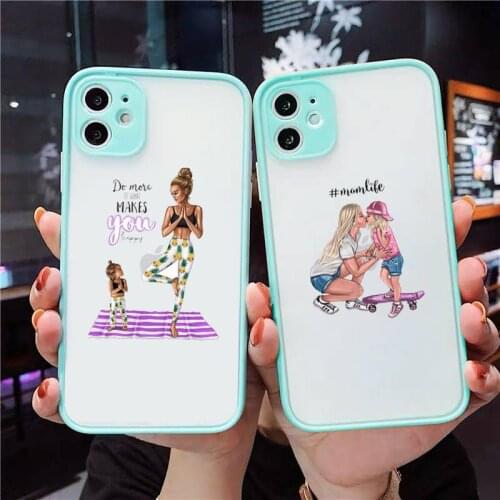 Mom and baby Phone Case For iPhone 12 11 Mini Pro XR XS Max 7 8 Plus X Matte transparent blue Back Cover