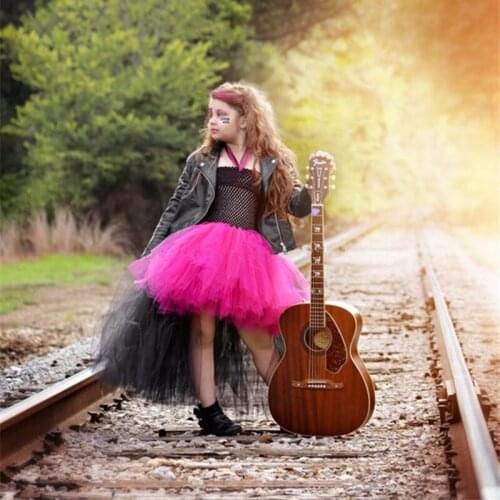 Black Hot Pink Vintage Girls Rockstar Costume Tutu Dress Halloween Cosplay Costume Kids Birthday Party Dresses Vestidos Clothes