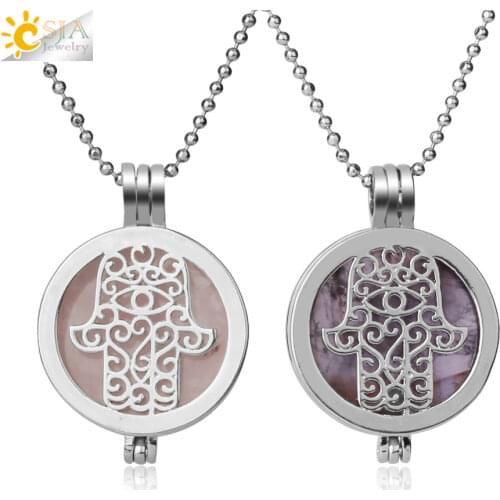 CSJA Natural Stone Locket Pendants Necklaces Fatima Muslim Hamsa Hand Essential Oil Diffuser Healing Necklace for Women Men G309