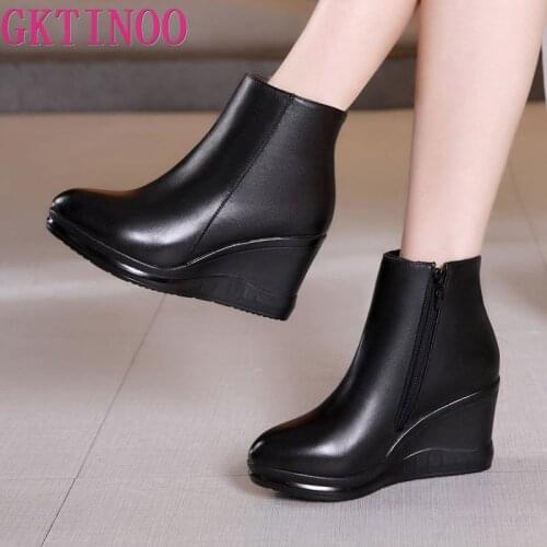 GKTINOO 2020 Genuine Leather Autumn Winter Boots Shoes Women Ankle Boots Female Wedges Boots Women Boot Platform Shoes Warm