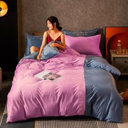 Lotus Root Pink + Haze Blue Bedding Set Flannel Linen Color Matching Embroidery Bed Set Cover/Sheet/Pillowcases Queen/King Size