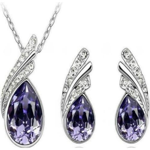 Dainty Female Rainbow Crystal Jewelry Set Charm Silver Color Dangle Earrings For Women Luxury Geometry Wedding Chain Necklace