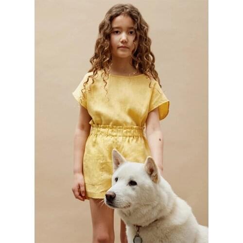 Girls Yellow Cotton And Linen Suit Summer Fashion New Casual Button T-Shirt Pocket Linen Pants Childrens Outfits TZ56