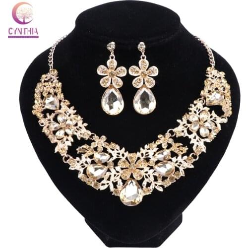 Fashion Flower Crystal Necklace & Earrings Set Bridal Jewelry Sets for Brides Wedding Party Costume Jewellery Set