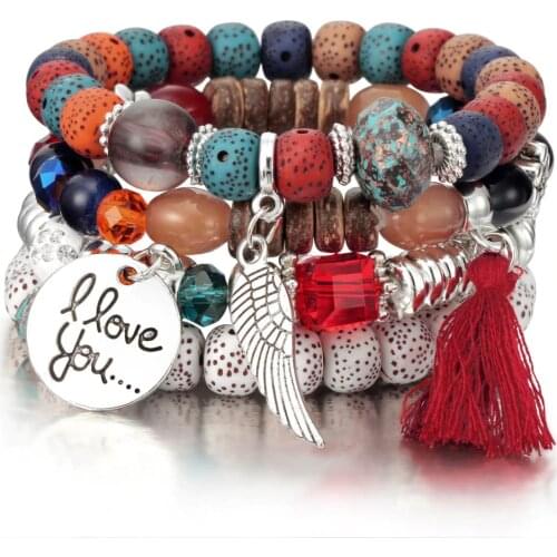 4pcs Boho Wings Heart Pendant Charm DIY Beads Bracelets Set Women Lava Stone Wristband Bracelet Bangles amazing price