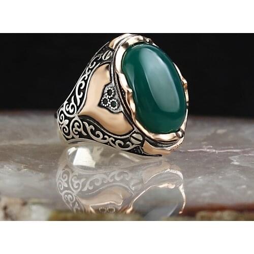 Natural Green Quartz Stone 925 Silver Engraved Traditional Ring Handmade Turkish Signet Rings Rock Jewelry Gift for Women Men