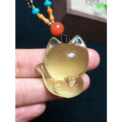Genuine Natural Yellow Citrine Quartz Fox Carved Pendant Crystal Women Men Wealthy Stone Jewelry Necklace 31x24mm AAAAA