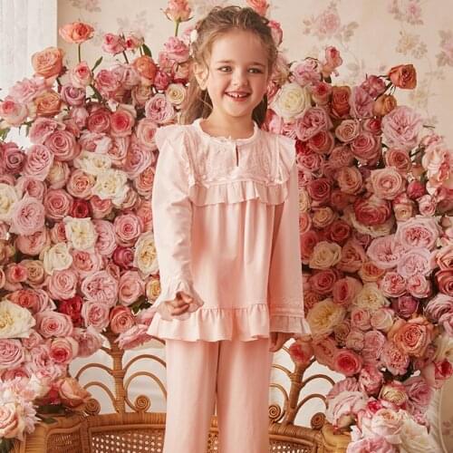2pcs/set Sweet Princess Pajamas For Little Girls Lace Bow Ruffles Sleepwear Long Sleeve Pants Pyjamas Baby Girls Home Night Wear