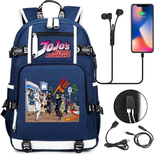 JoJos Bizarre Adventure USB Charging Backpack Headphone Teenager Student Rucksack Canvas Cartoon Schoolbag Travel Laptop Bag
