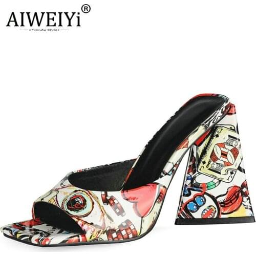 AIWEIYi Summer Print High Heels Slides Slippers Strange High Heels Slippers Women Shoes Peep Toe High Heels Mules Dress Pumps