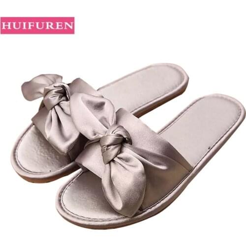 Women Home Slipper Indoor Outdoor Bow Flip-flops Fashion Silk Flat Shoes New Fashion Female Casual flower Print Slides SH021401