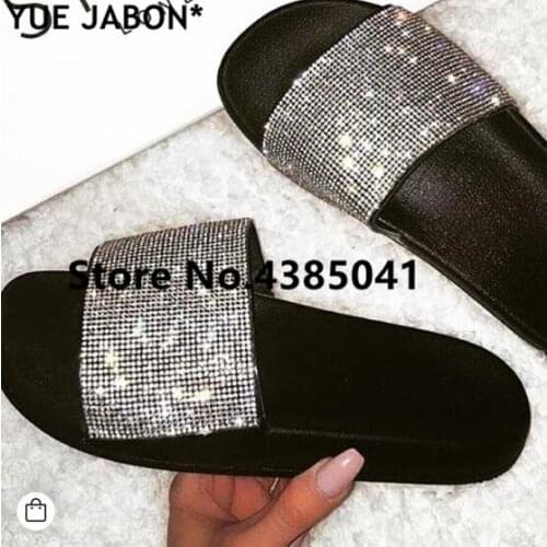 Rhinestone Silver Women Slippers Flip Flops Summer Women Crystal Diamond Bling Beach Slides Sandals Casual Shoes Slip On Slipper