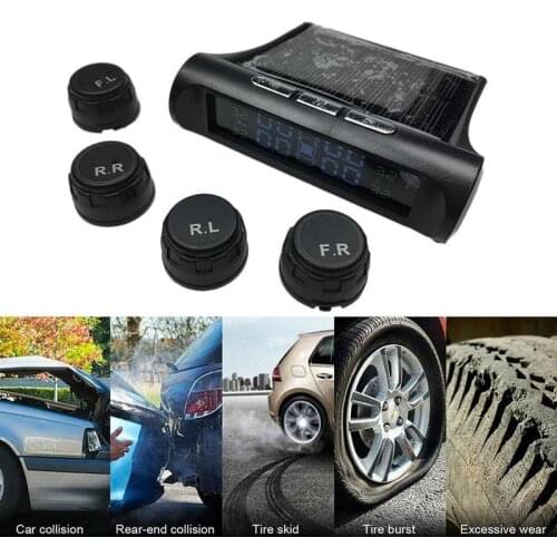 Solar Power USB TPMS Car Tire Pressure Monitoring System LCD 4 External / Internal Sensors for SUV Temperature Warning