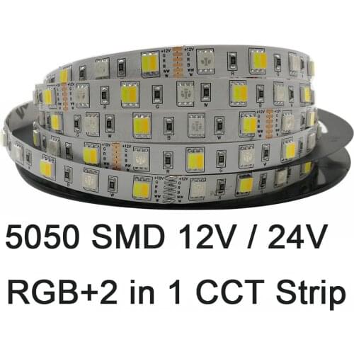 5m 5050 RGBCCT LED Strip RGB+CW+WW 2 in 1 Chip Color Temperature Adjustable LED Tape IP20 IP65 IP67 Waterproof 12V 24V 12mm PCB