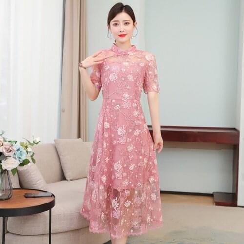 2021 chinese traditional lace cheongsam ancient short sleeve a-line dress elegant embroidered yarn vintage party qiapao dress