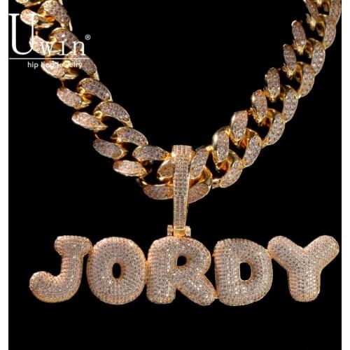 UIWN Custom Bubble Letters Necklace With 20mm Cuban Chain Name Mens Zircon Pendant Commission Gift Jewelry