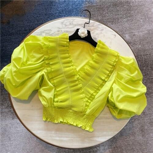 Womens Blouse 2020 Summer New Ruffles V-neck Elastic Waist Short Puff Sleeve Chiffon Shirt Ladies Crop Top Shirts Blusa Femme